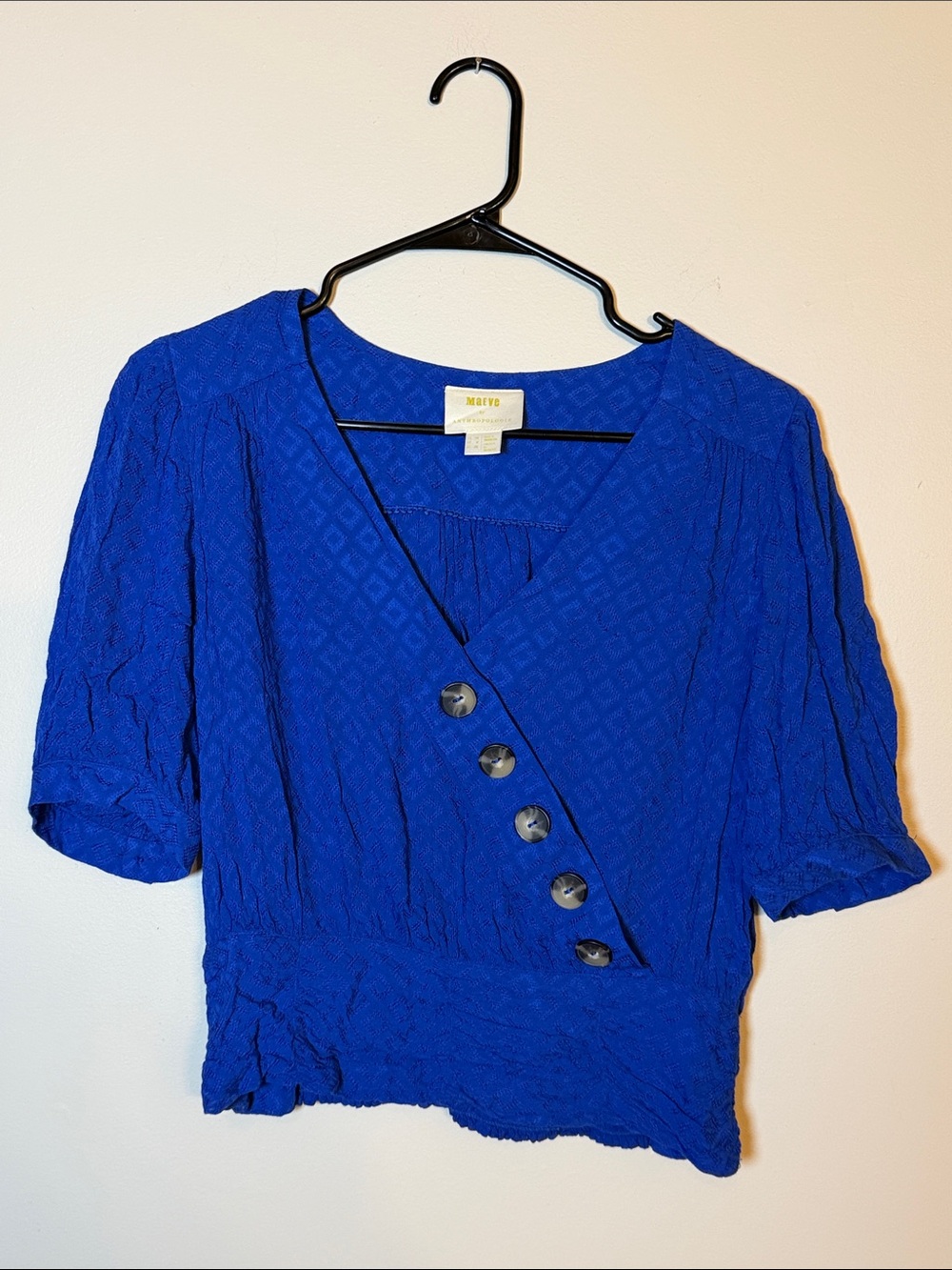 Anthropologie Maeve Cobalt Blue Short Sleeve Faux-Wrap Size 6 Smocked waist